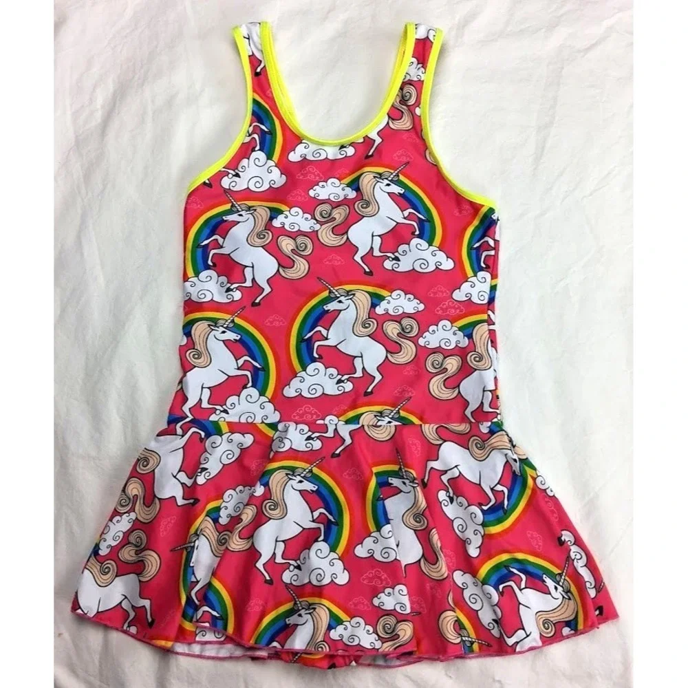 KuKiee Girls Sz 12 13 Rainbow Unicorn Swimsuit Stars Hot‎ Pink 1pc Skirt NEW